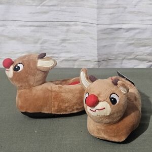Rudolph Reindeer Plush Slippers for Kids - Brown and Red